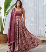 Burgundy Printed Swiss Satin Lehenga Set