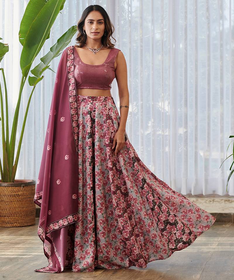Burgundy Printed Swiss Satin Lehenga Set