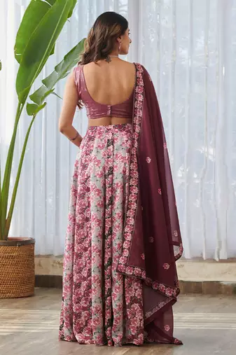 Burgundy Printed Swiss Satin Lehenga Set
