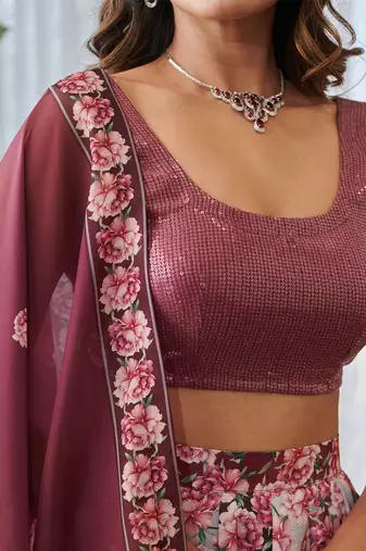 Burgundy Printed Swiss Satin Lehenga Set