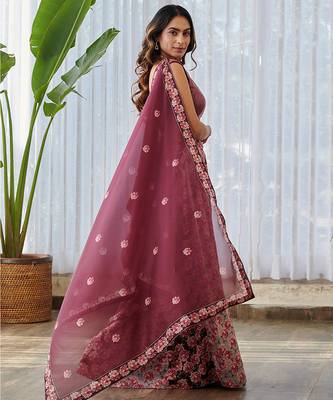 Burgundy Printed Swiss Satin Lehenga Set 4