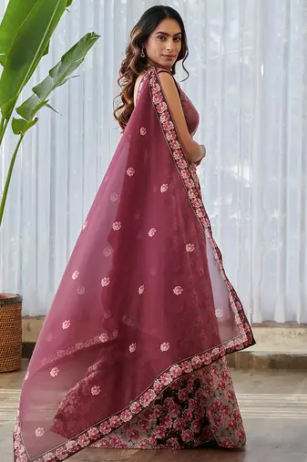 Burgundy Printed Swiss Satin Lehenga Set