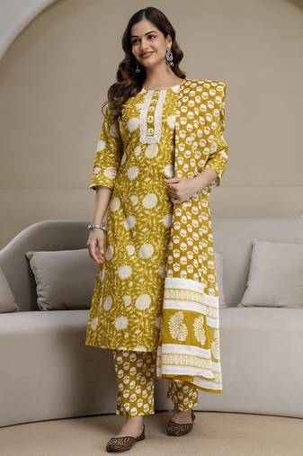Yellow cotton thread embroidery readymade suits