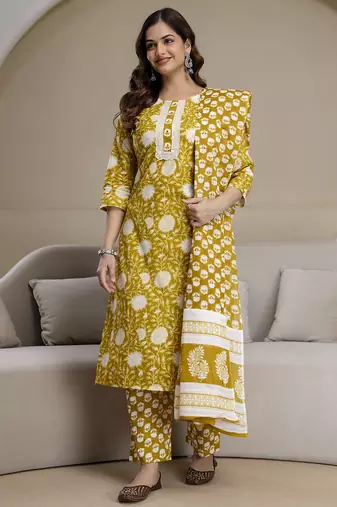 Yellow cotton thread embroidery readymade suits