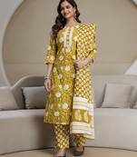 Yellow cotton thread embroidery readymade suits