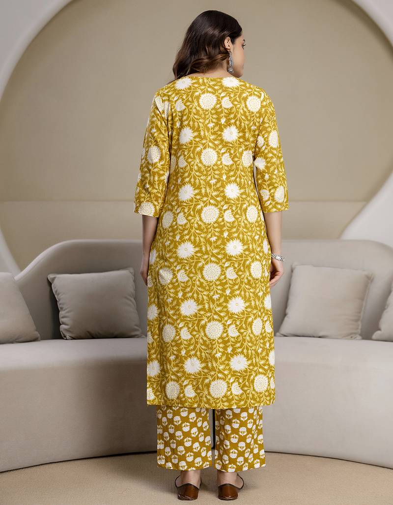 Yellow cotton thread embroidery readymade suits