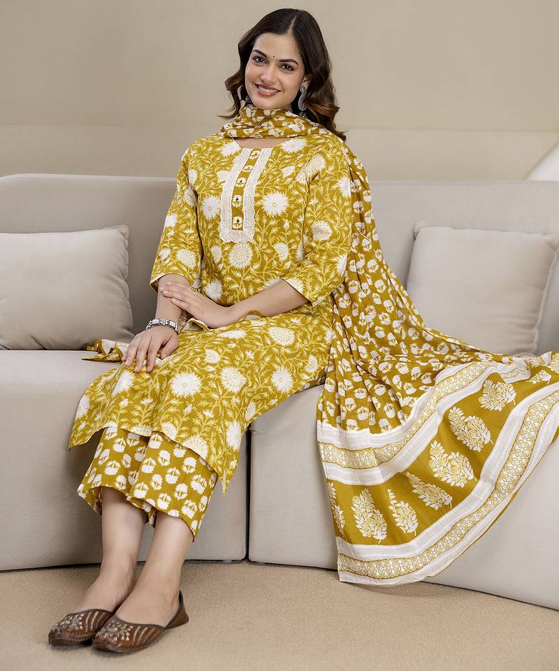 Yellow cotton thread embroidery readymade suits