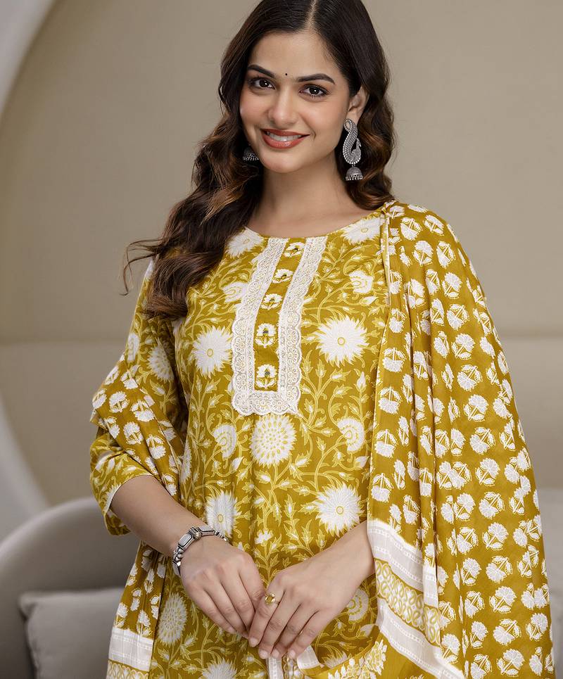 Yellow cotton thread embroidery readymade suits