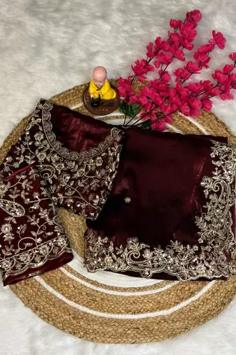 wine color embroidery work fandy satin saree