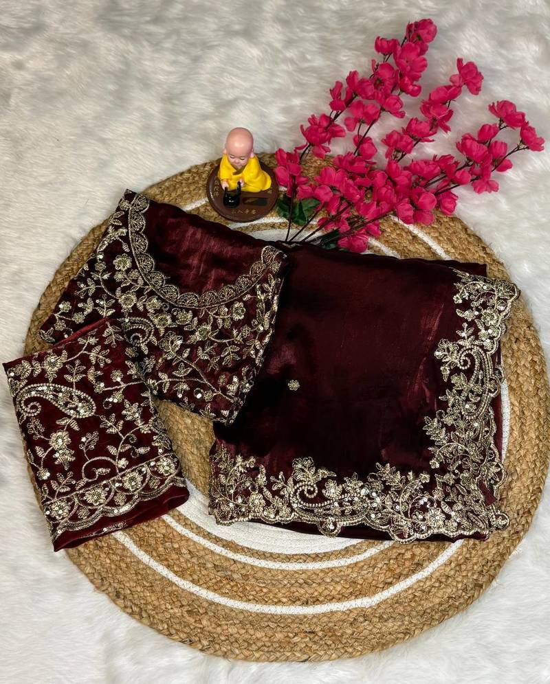 wine color embroidery work fandy satin saree