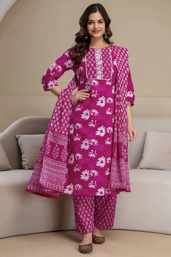 Pink cotton thread embroidery readymade suits