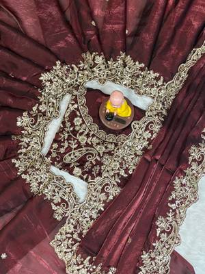 wine color embroidery work fandy satin saree 2