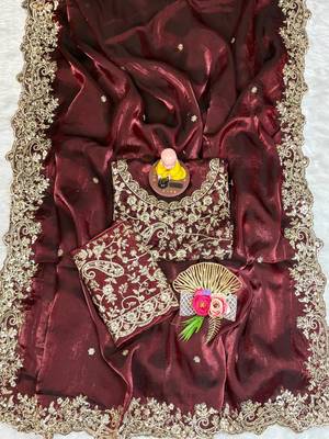 wine color embroidery work fandy satin saree 3
