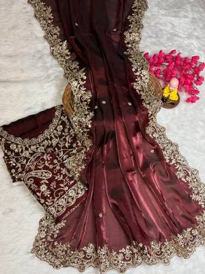 wine color embroidery work fandy satin saree 4