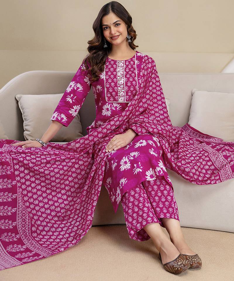 Pink cotton thread embroidery readymade suits