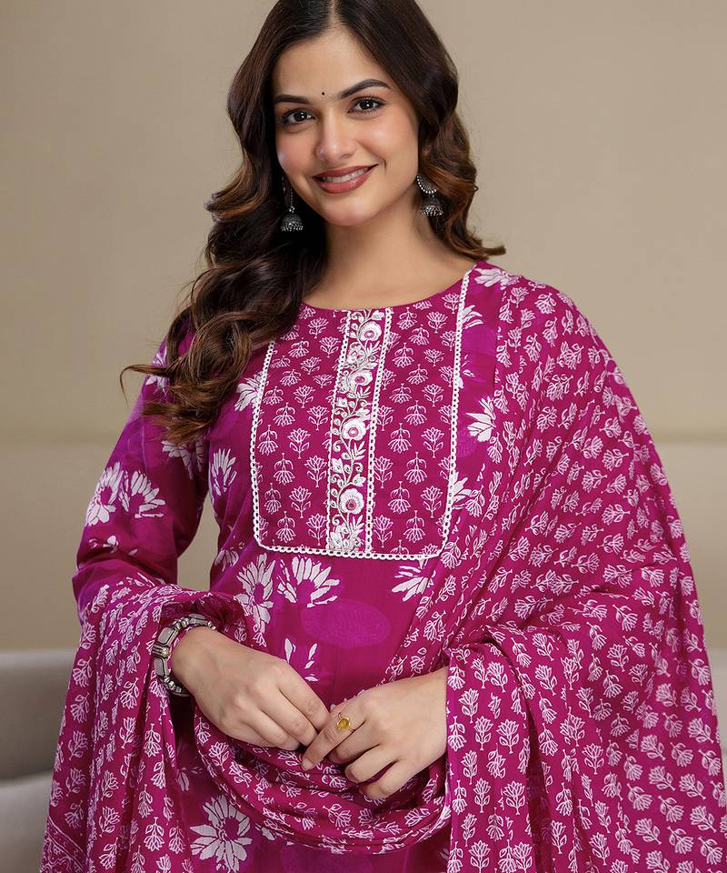 Pink cotton thread embroidery readymade suits