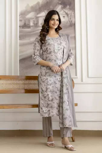 Grey cotton thread embroidery readymade suits