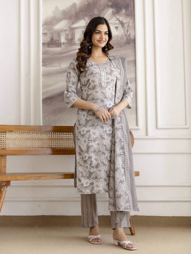 Grey cotton thread embroidery readymade suits