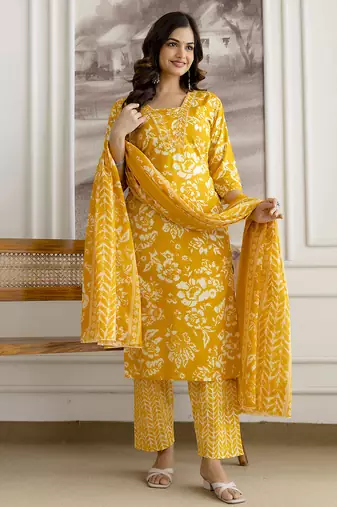 Dark yellow cotton thread embroidery readymade suits