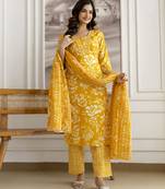 Dark yellow cotton thread embroidery readymade suits