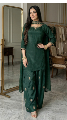 Green crep silk embroidered straight kurta dupatta salwar set 2