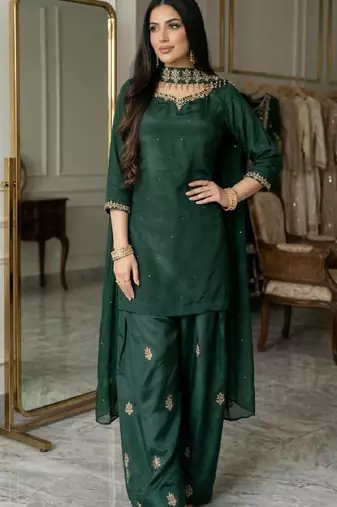 Green crep silk embroidered straight kurta dupatta salwar set
