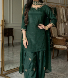 Green crep silk embroidered straight kurta dupatta salwar set