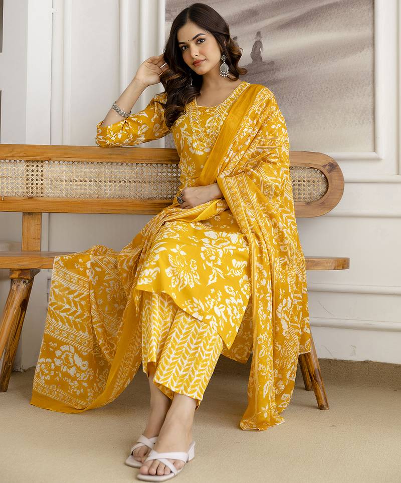Dark yellow cotton thread embroidery readymade suits