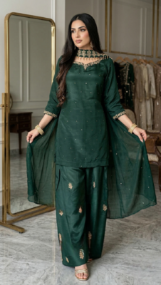 Green crep silk embroidered straight kurta dupatta salwar set 3