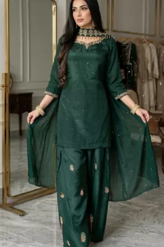 Green crep silk embroidered straight kurta dupatta salwar set