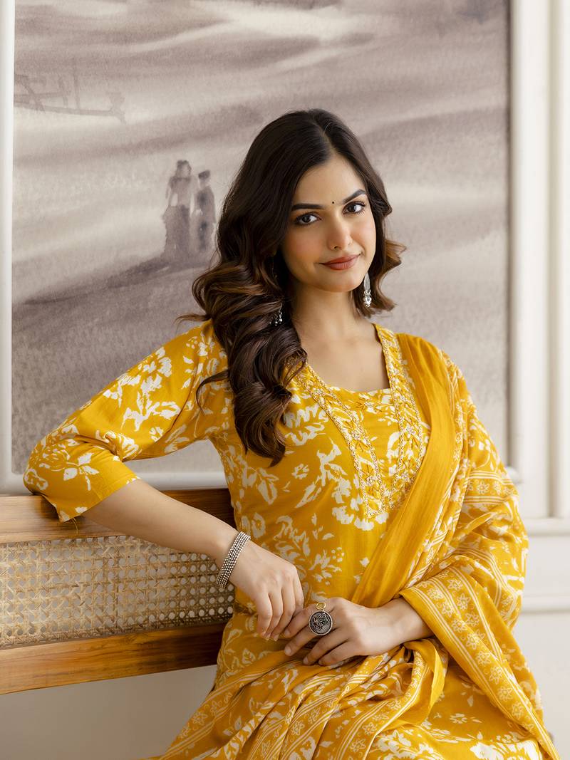 Dark yellow cotton thread embroidery readymade suits