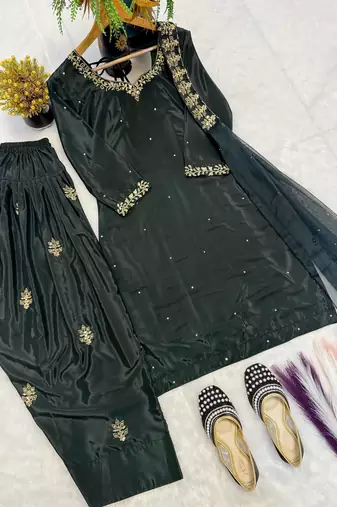 Green crep silk embroidered straight kurta dupatta salwar set