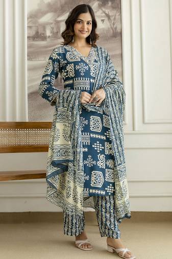 Teal blue cotton thread embroidery readymade suits