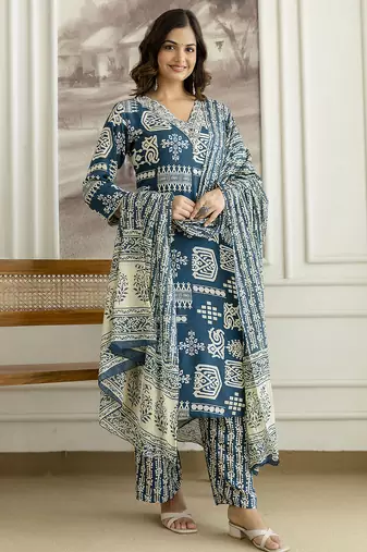 Teal blue cotton thread embroidery readymade suits