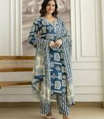 Teal blue cotton thread embroidery readymade suits
