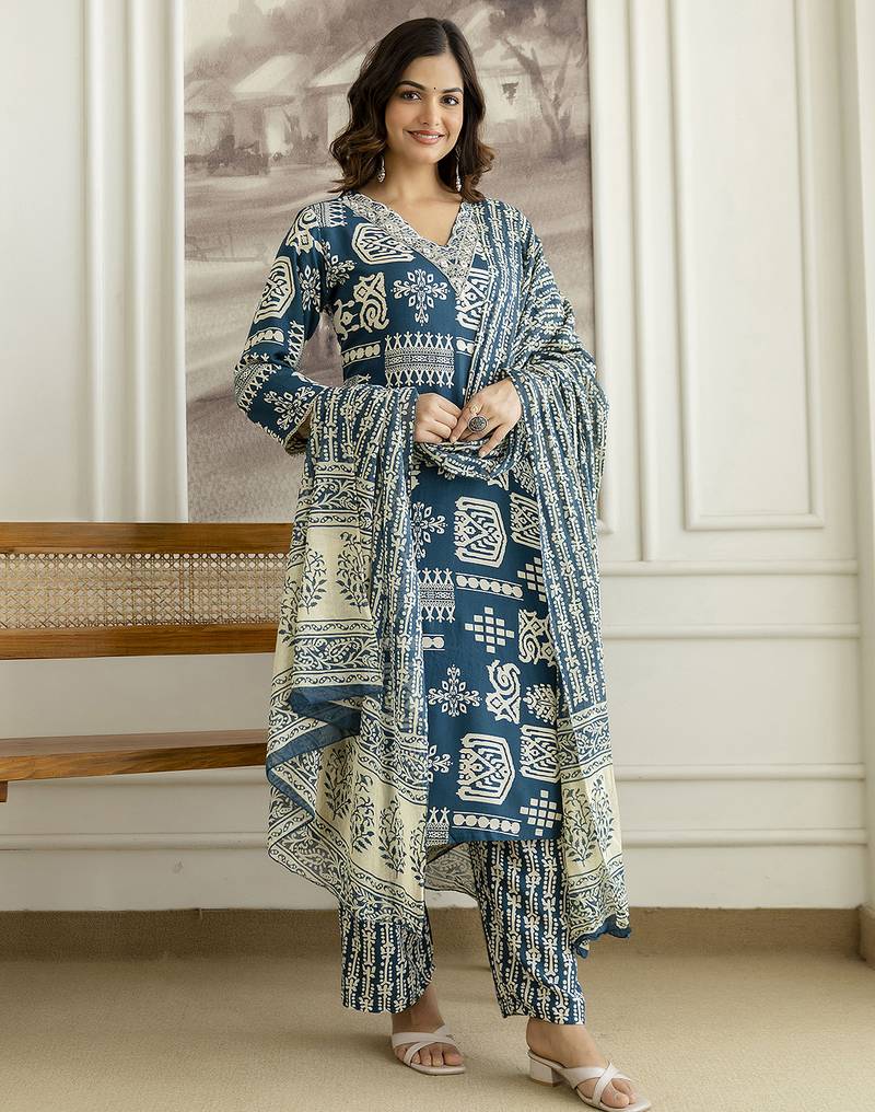 Teal blue cotton thread embroidery readymade suits