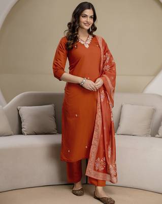 Orange chanderi thread embroidery readymade suits 1