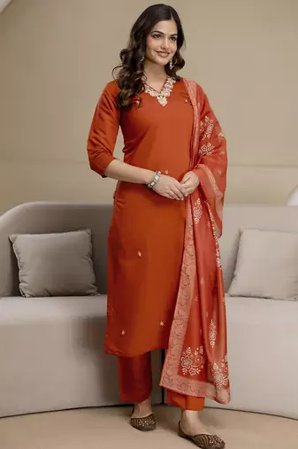 Orange chanderi thread embroidery readymade suits