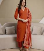 Orange chanderi thread embroidery readymade suits