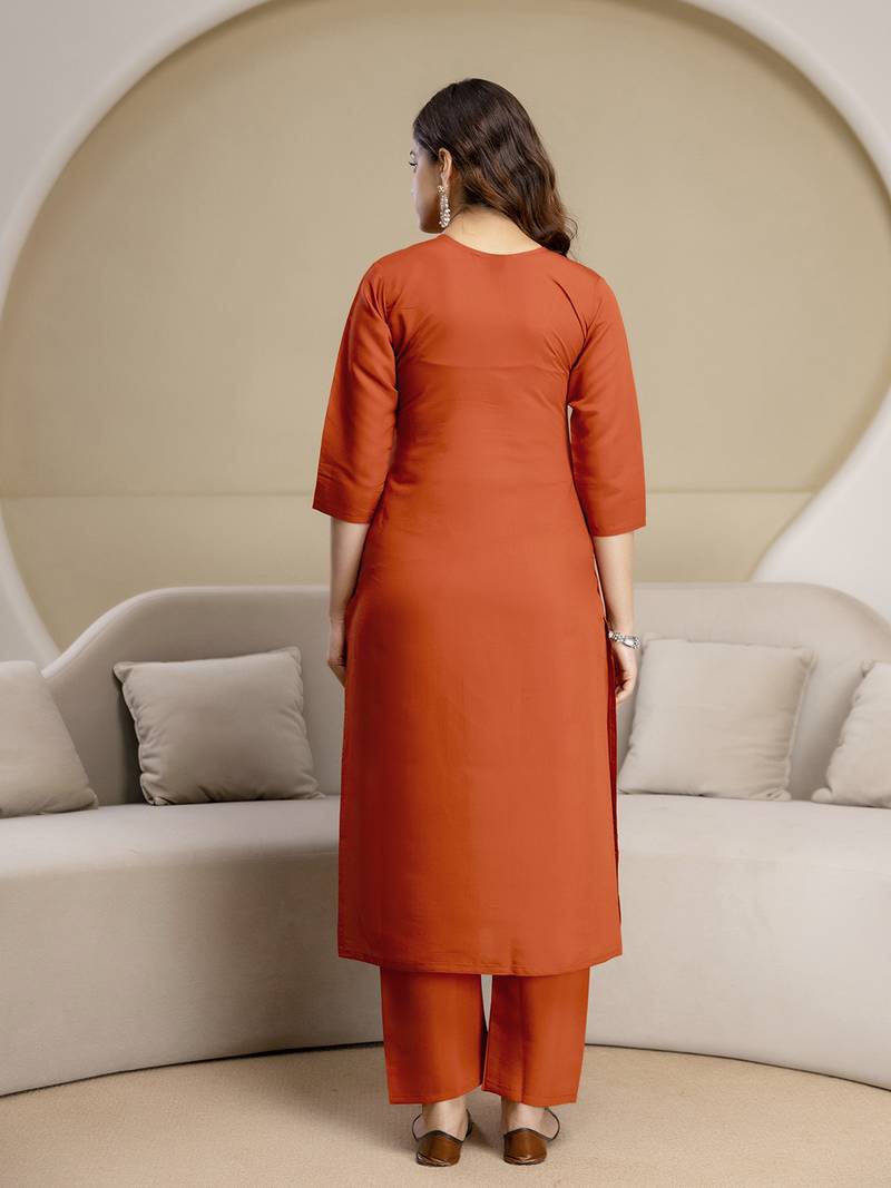 Orange chanderi thread embroidery readymade suits