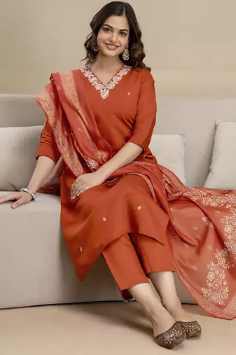 Orange chanderi thread embroidery readymade suits