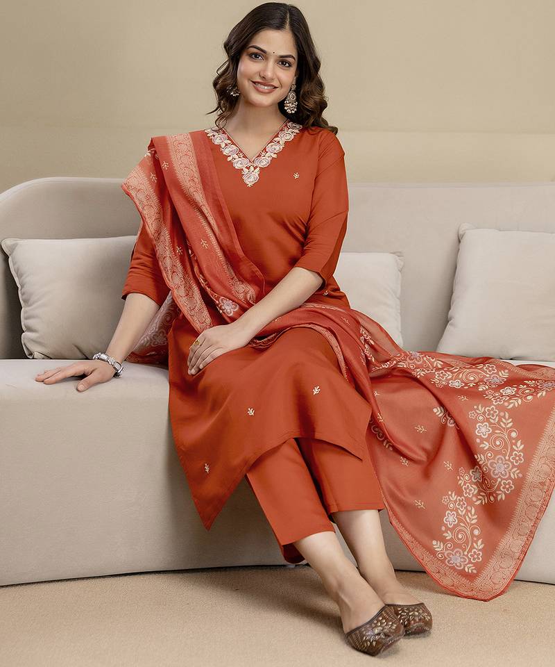 Orange chanderi thread embroidery readymade suits