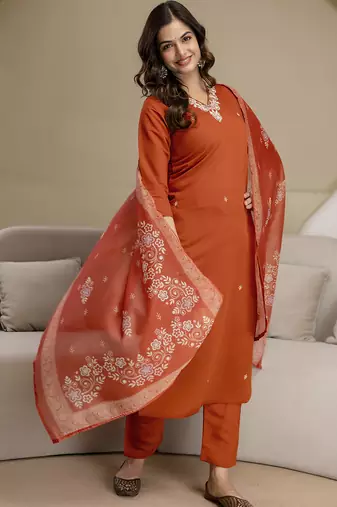 Orange chanderi thread embroidery readymade suits