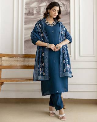 Teal blue chanderi thread embroidery readymade suits 1
