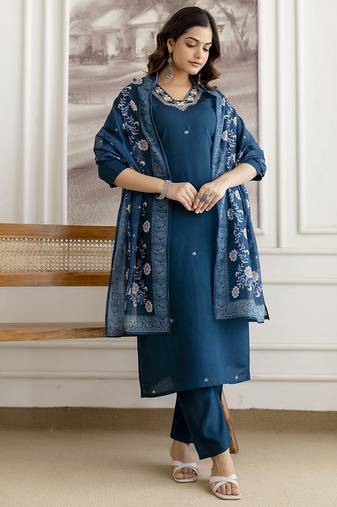 Teal blue chanderi thread embroidery readymade suits