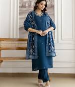 Teal blue chanderi thread embroidery readymade suits