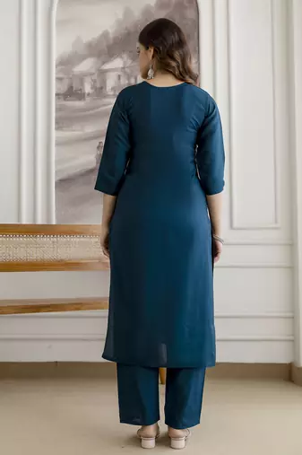 Teal blue chanderi thread embroidery readymade suits