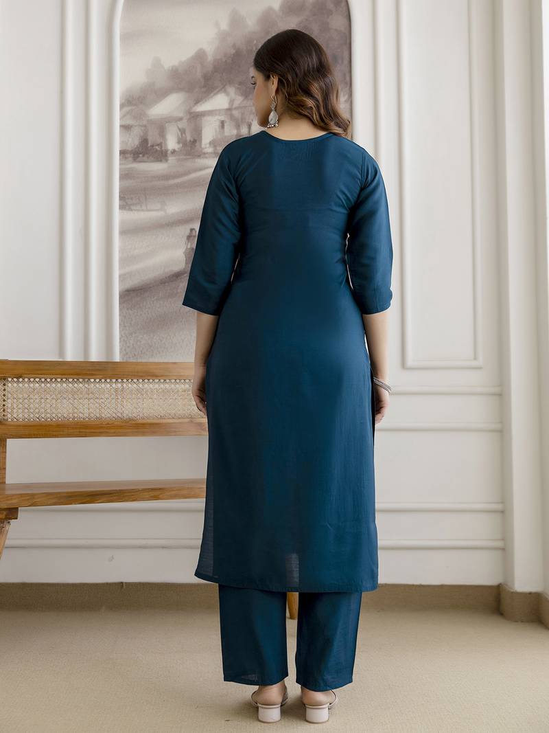 Teal blue chanderi thread embroidery readymade suits