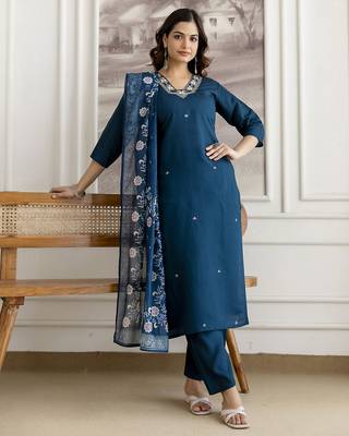 Teal blue chanderi thread embroidery readymade suits 3