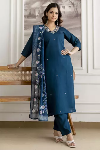 Teal blue chanderi thread embroidery readymade suits